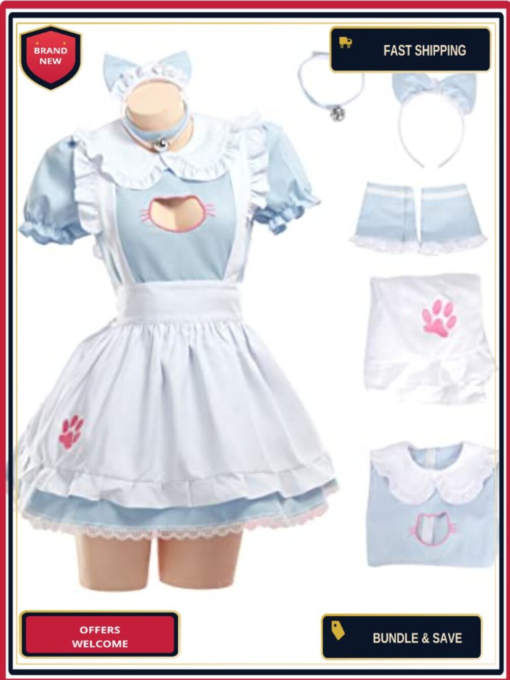 Maid Dress Cosplay Costume Kawaii Cat Anime Apron Set with Paw Embroidery